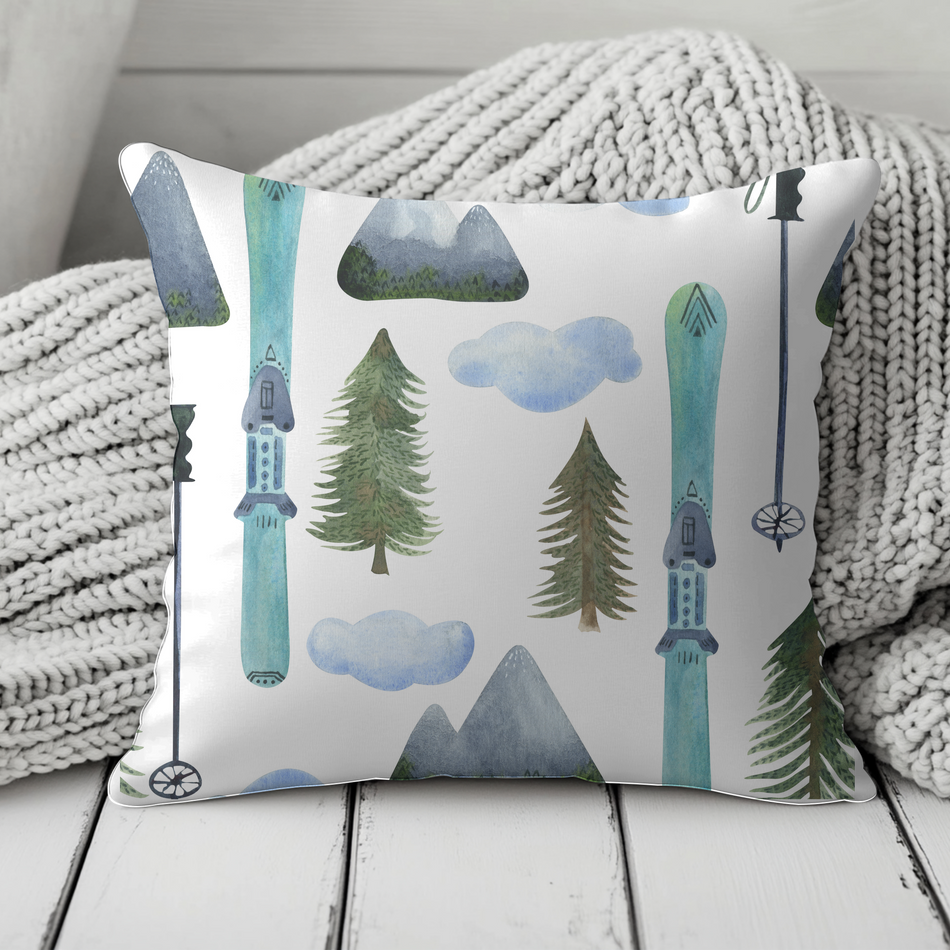 Cozy Ski Lodge Pillow, Ski Decor, Outdoor Retreat Cushion, Skiing Home Accent, Winter Wonderland Pillow, Gift for Ski Lovers