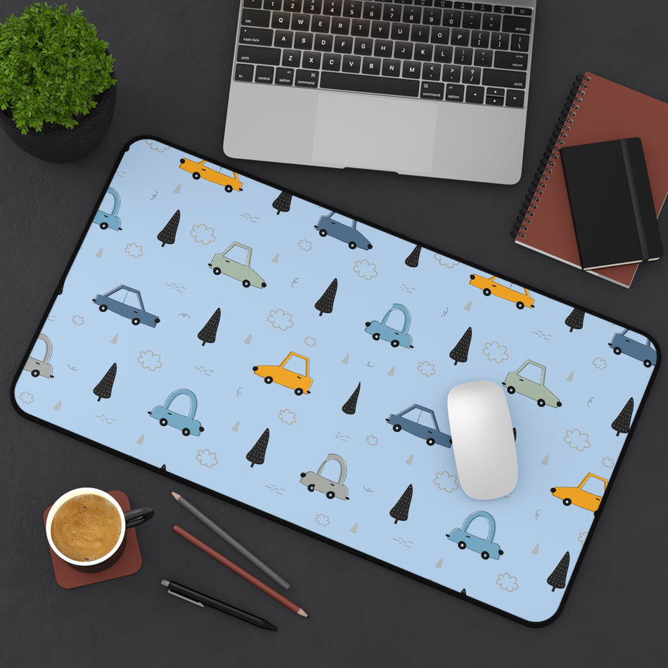 Cute Cartoon Cars Desk Mat | Pastel Tiny Cars Pattern, Trees and Clouds