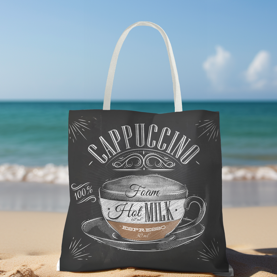 Cappuccino Chalkboard Art Tote Bag | Canvas Coffee Cup Illustration