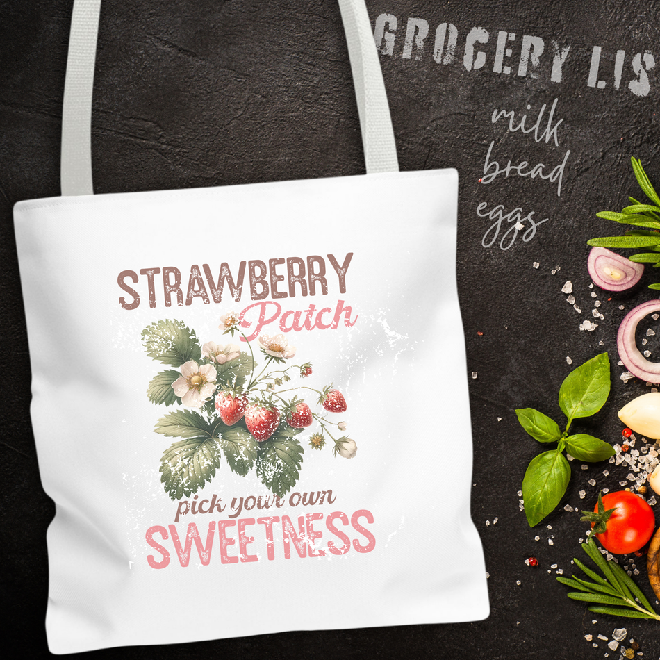 Strawberry Patch Illustration Canvas Tote Bag | Pick Your Own Sweetness