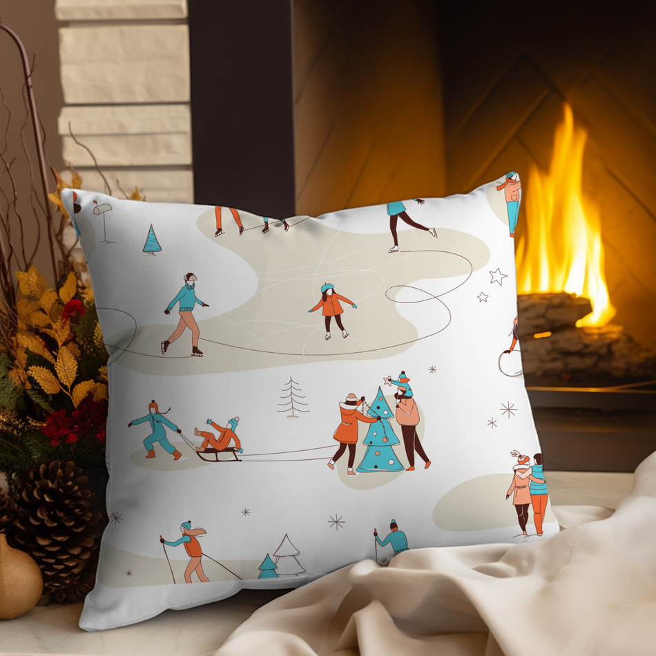 Ice Skating Winter Scene Faux Suede Pillowcase | Square Throw Pillowcase