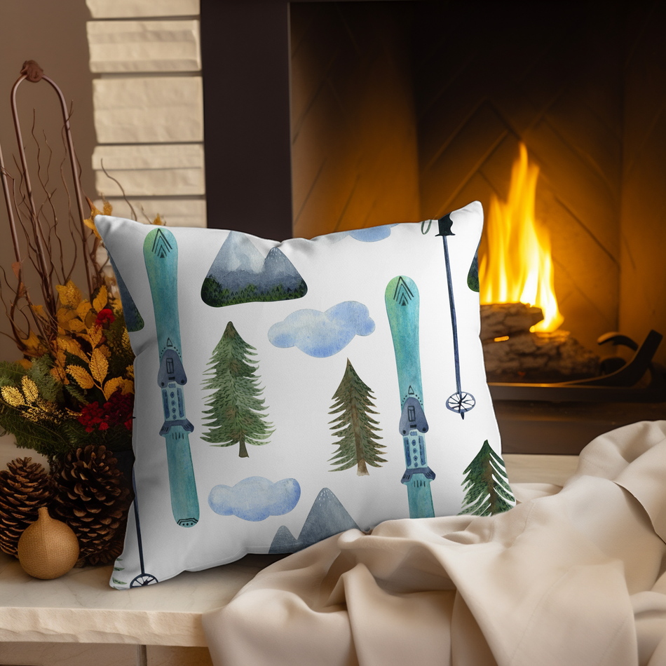 Mountain Ski Pattern Pillowcase | Watercolor Trees Clouds Skis