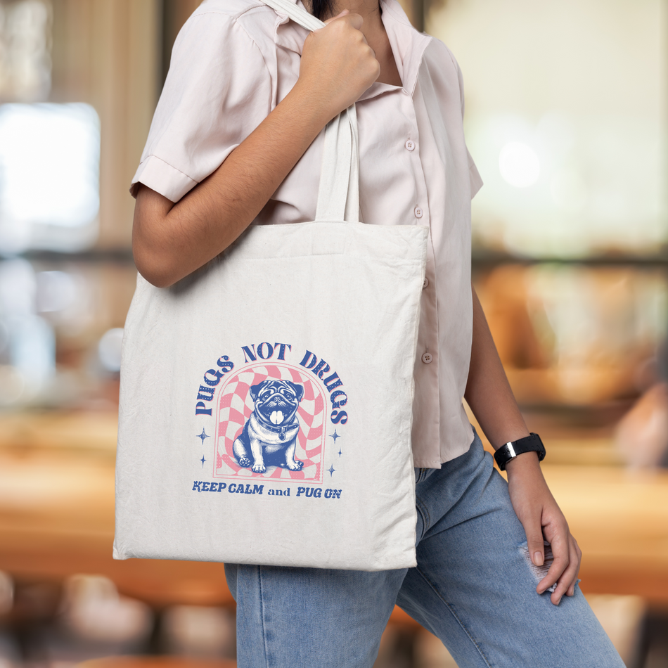 Pug Lovers Cotton Canvas Tote Bag, Keep Calm and Pug On, Eco-Friendly Tote, Dog Owner Gift, Funny Pet Accessory, Everyday Use