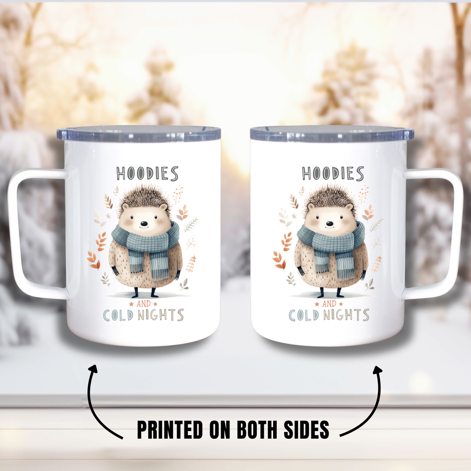 Woodland Hedge Hog, Hoodies and Leaves, Mug Insulated 10oz travel mug