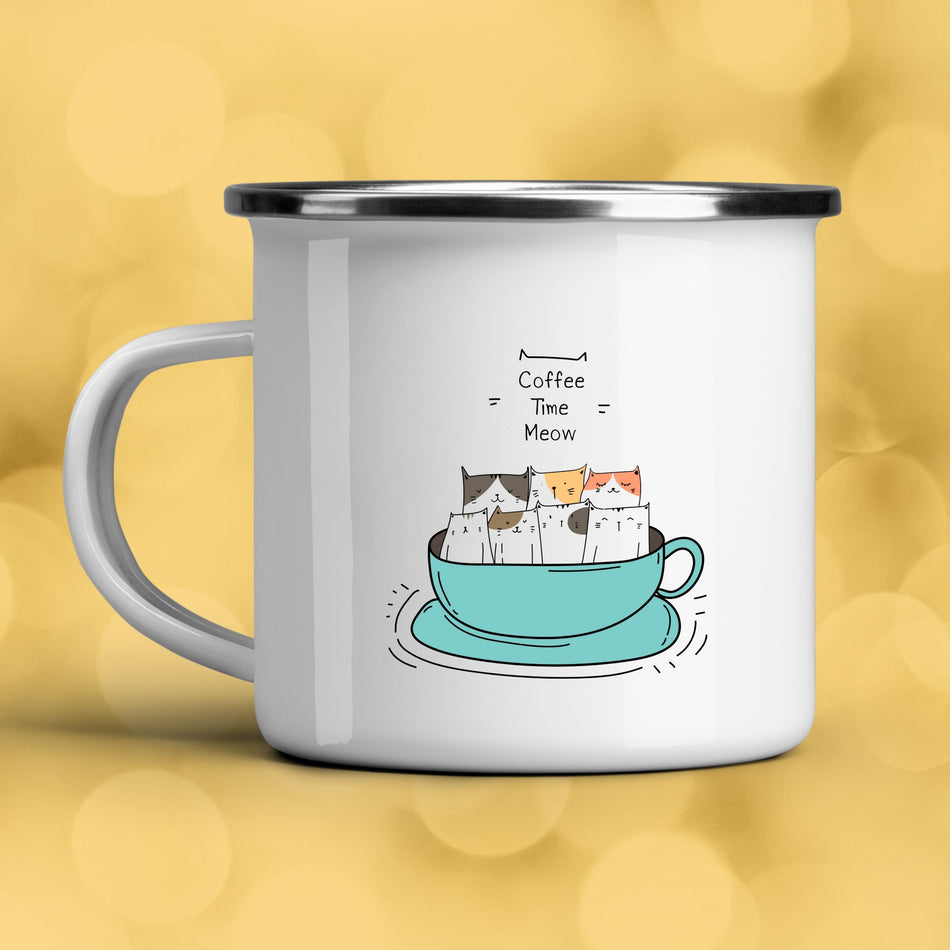 Cute Cat Coffee Time Enamel Camping Mug, Cat Lover Gift, Outdoor Mug, Travel Mug, Fun Camping Accessories, Coffee Mug for Animal Lovers