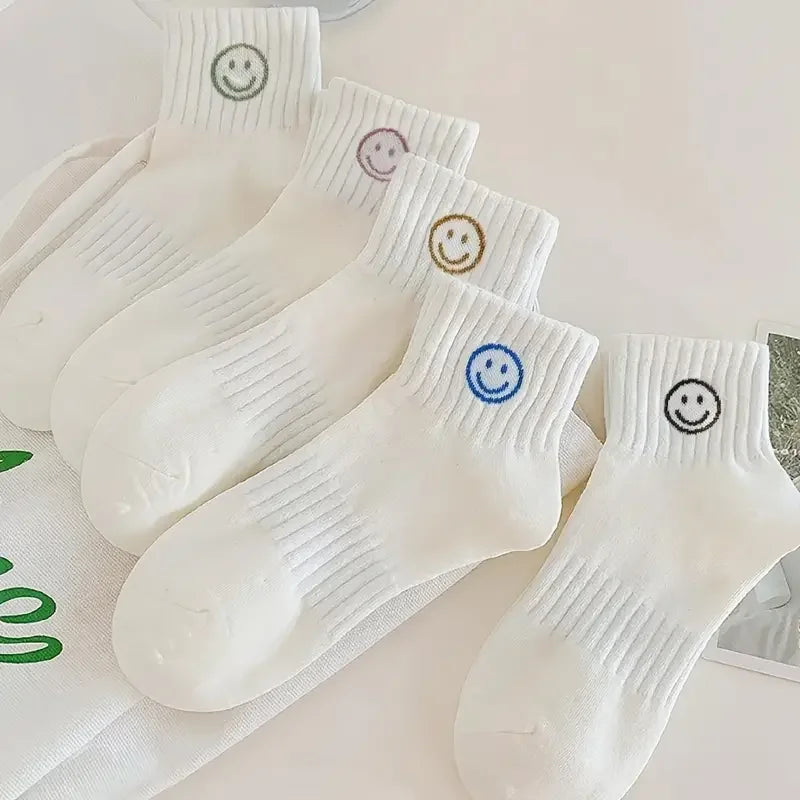 5 Pairs of Whimsical Cartoon Face Knee-High Embroidery Socks , Japanese-Inspired Designs, Womens Fashionable Stockings & Hosiery