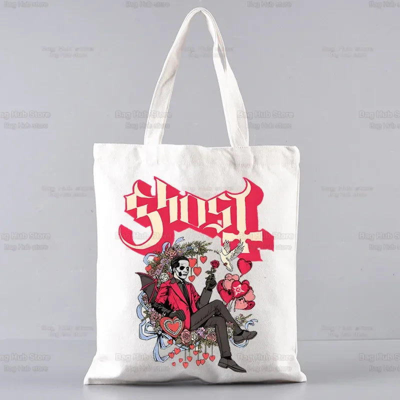 Ghost Rock Band Unisex Men Handbags Canvas Prevalent Popular Characters Tote Bags Reusable Cotton High Capacity Shopping Bag