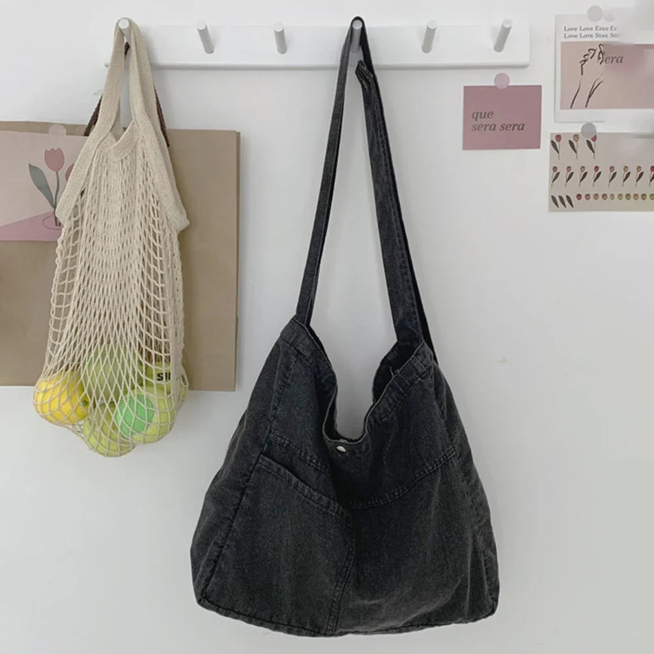 Unisex Denim Tote Handbag Large Capacity Lightweight Handbag Versatile Jeans Top Handle Bag Casual Travel Shopping Bag