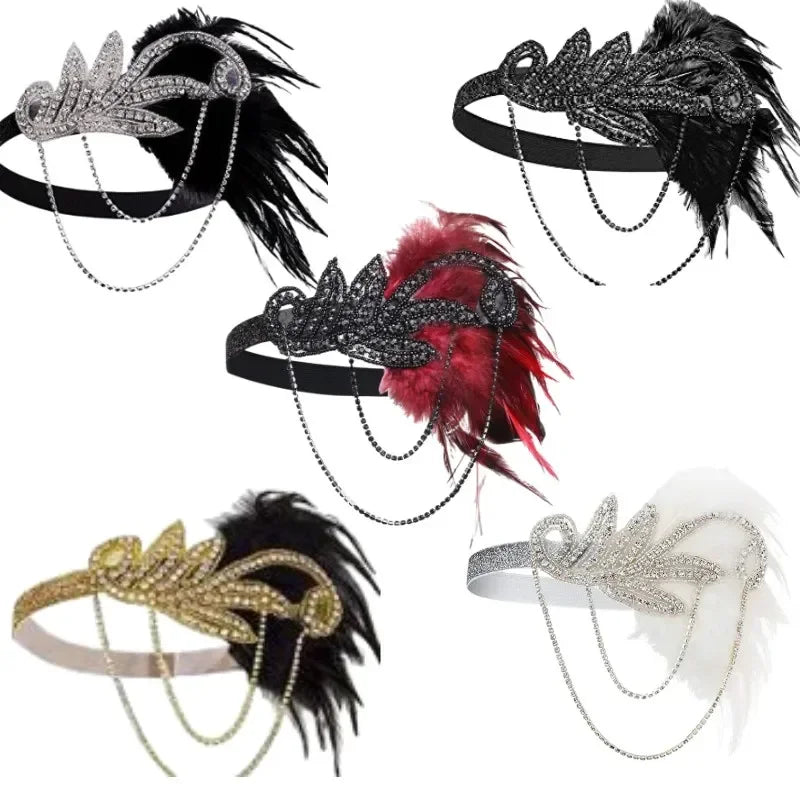 Hair Accessories for Women 1920s Flapper Dress GATSBY CHARLESTON Headband Pearl Necklace White Feather Band for Wedding