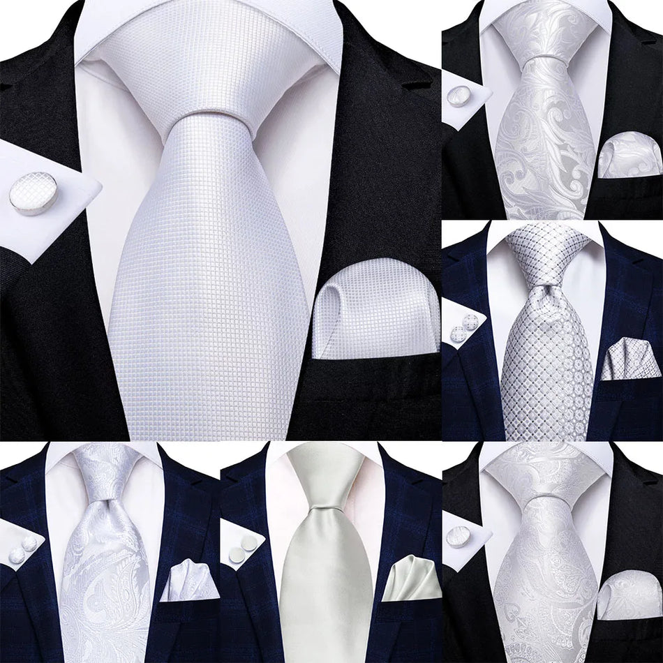 Hi-Tie Men’s White Silk Tie & Cufflink Set – New Fashion
