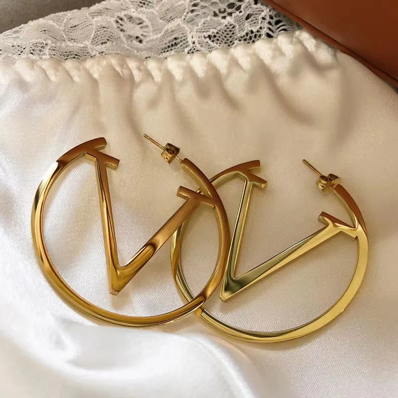 V Letter Hoop Earrings For Women