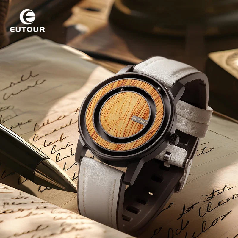 EUTOUR-Unisex Magnetic Bead Watch, Wooden Design Element Watch, PU Leather Strap, Unique Hands Design, Business Casual Watch