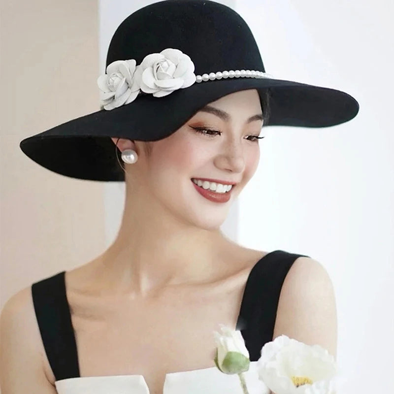 Elegant Black Fedoras Hats for Women Pearls Flower Decor Floppy Brim Church Wedding Dress Fascinator Hat Vintage Wide Brim Caps