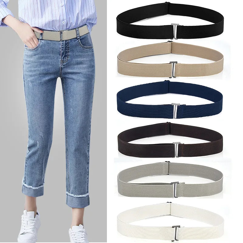 Adjustable Size Flat Buckle Elastic Waist Belt Jeans Pant Belt Women Belt No Show Stretch Belt Invisible Belt Slim Elastic Band