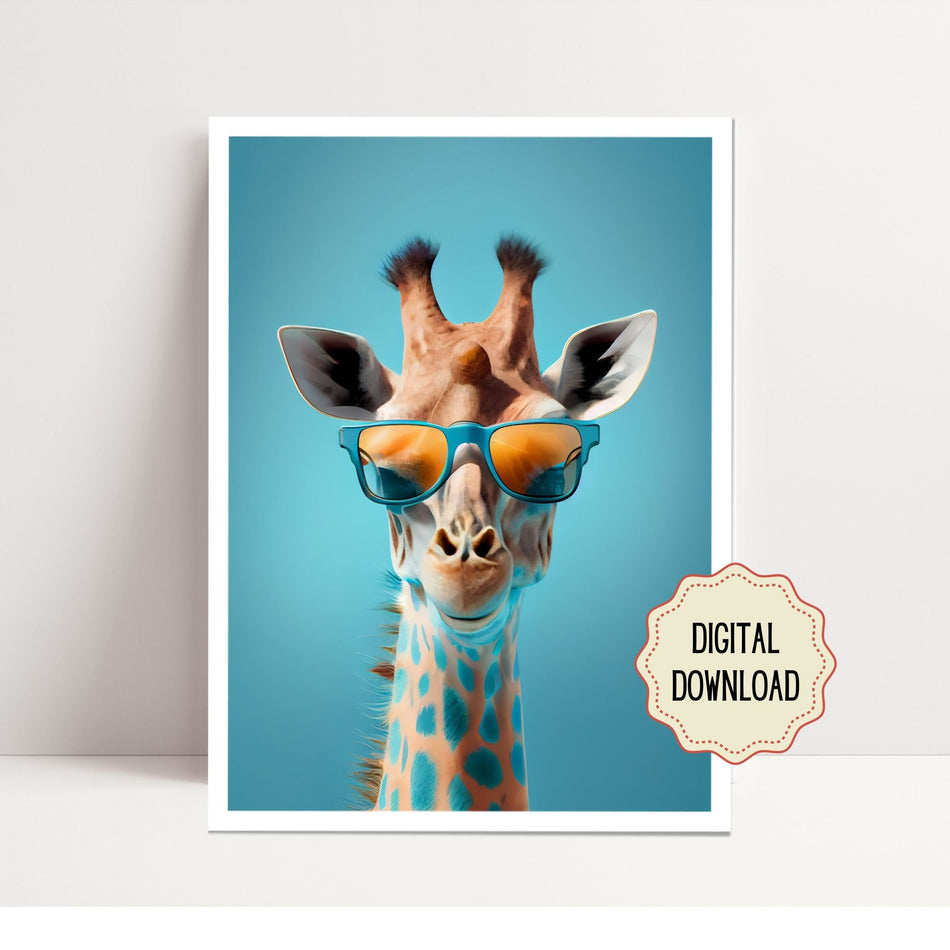AI Generated Fun Animal, Downloadable Wall Art, Digital Printable Art, Digital Download, Giraffe in sun glasses, Whimsical gift created AI