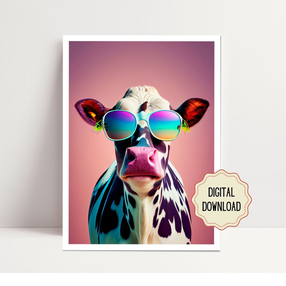AI Generated Funny Animal, Downloadable Wall Art, Digital Printable Art, Digital Download, Cow wearing sunnies, Whimsical gift created in AI