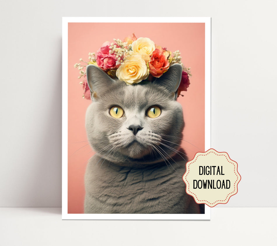 Digital Ai Art original, Downloadable Wall Art, Digital Printable Modern, Digital Download Art, Childrens Room, Flower Print, Whimsical cat
