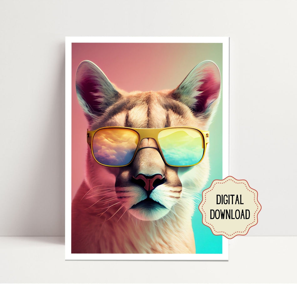 AI Generated Fun Animal, Downloadable Wall Art, Digital Printable Art, Digital Download, Cougar in sun glasses, Whimsical gift created AI
