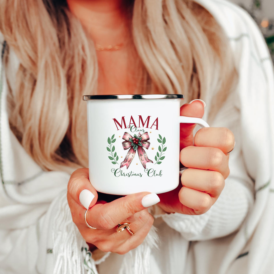 Mama Claus Enamel Camping Mug, Holiday Camping Cup, Rustic Gift for Moms, Family Gatherings, Outdoor Adventures