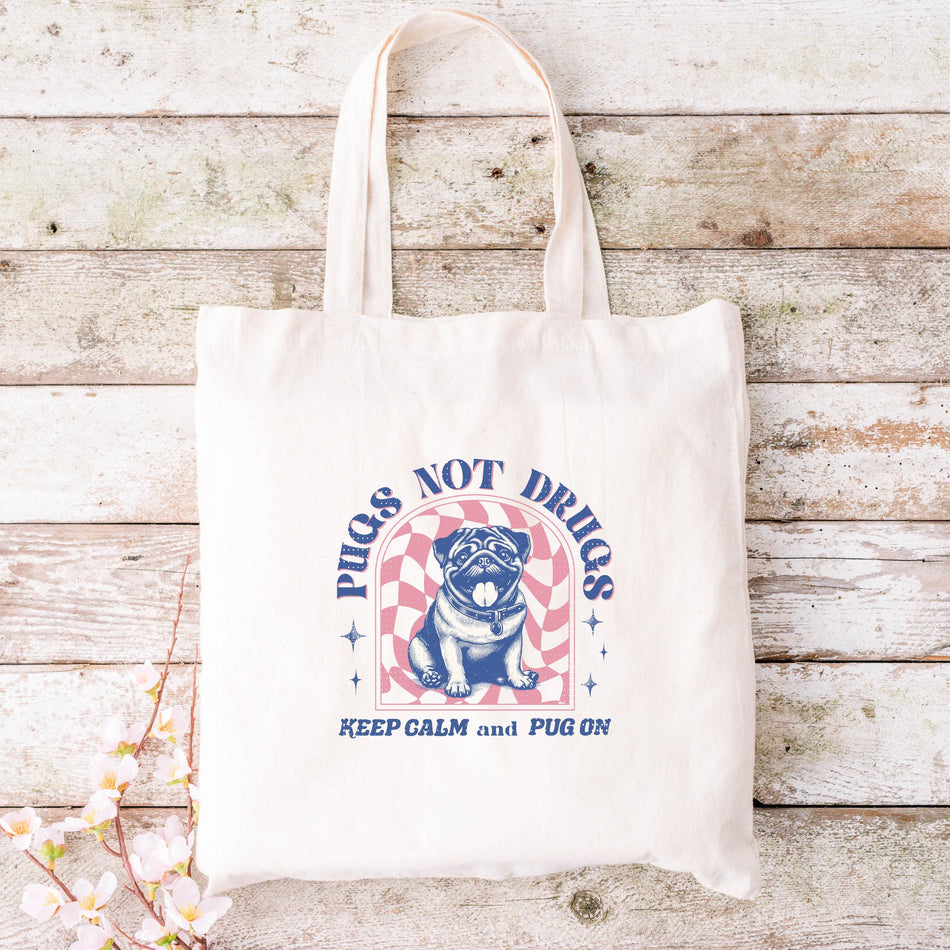 Pug Lovers Cotton Canvas Tote Bag, Keep Calm and Pug On, Eco-Friendly Tote, Dog Owner Gift, Funny Pet Accessory, Everyday Use