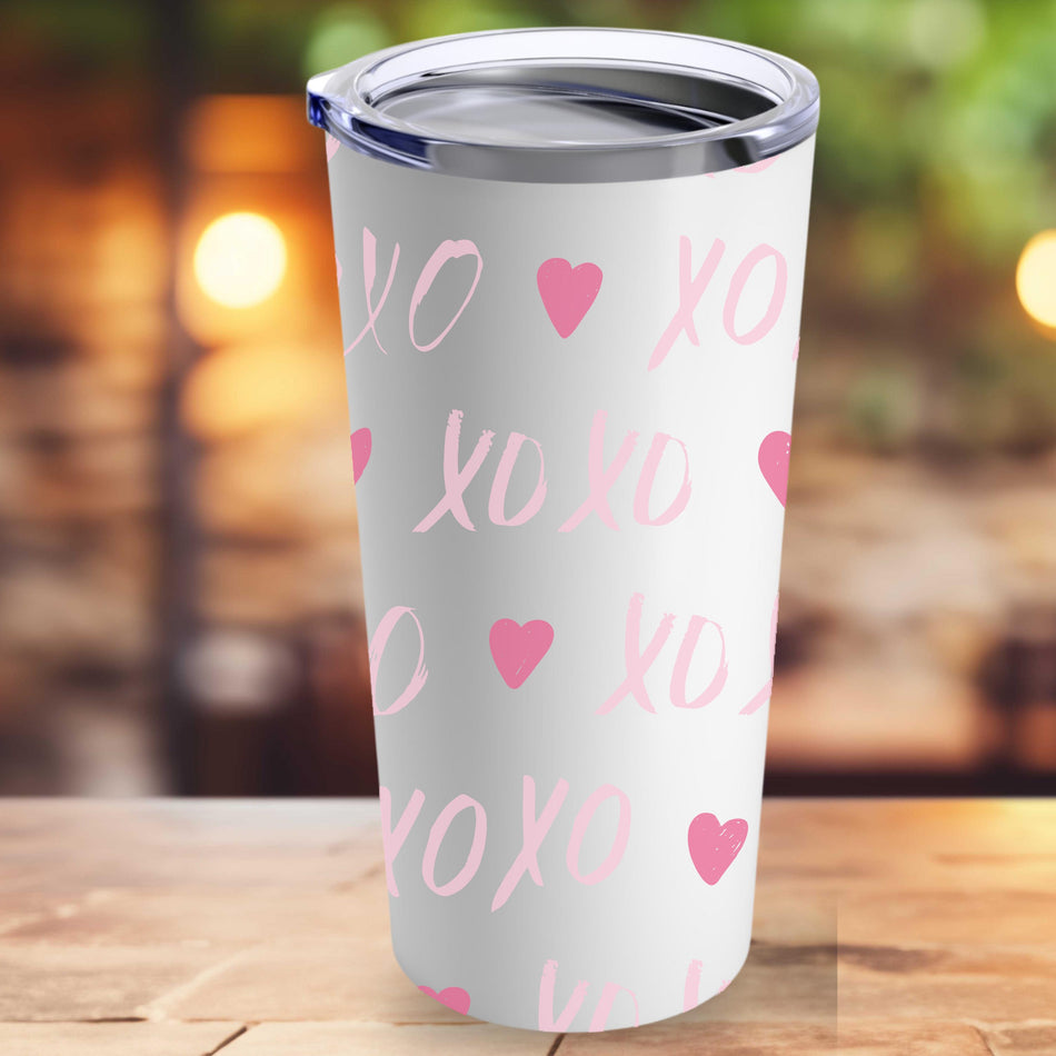 Valentine's Day Tumbler Travel Mug with XO and Heart Design, Perfect Gift for Her, Coffee/Tea Cup, Love and Romance Collection